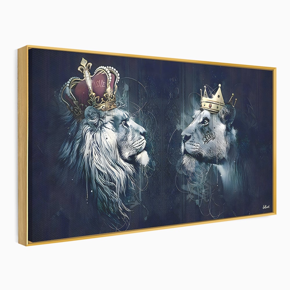 Tablou Canvas Premium LuxCanva® B1091, Leu Si Leoaica , Living, Familie, Portret, Leu, Leoaica, Dormitor, Safari, Coroana, Negru Si Auriu