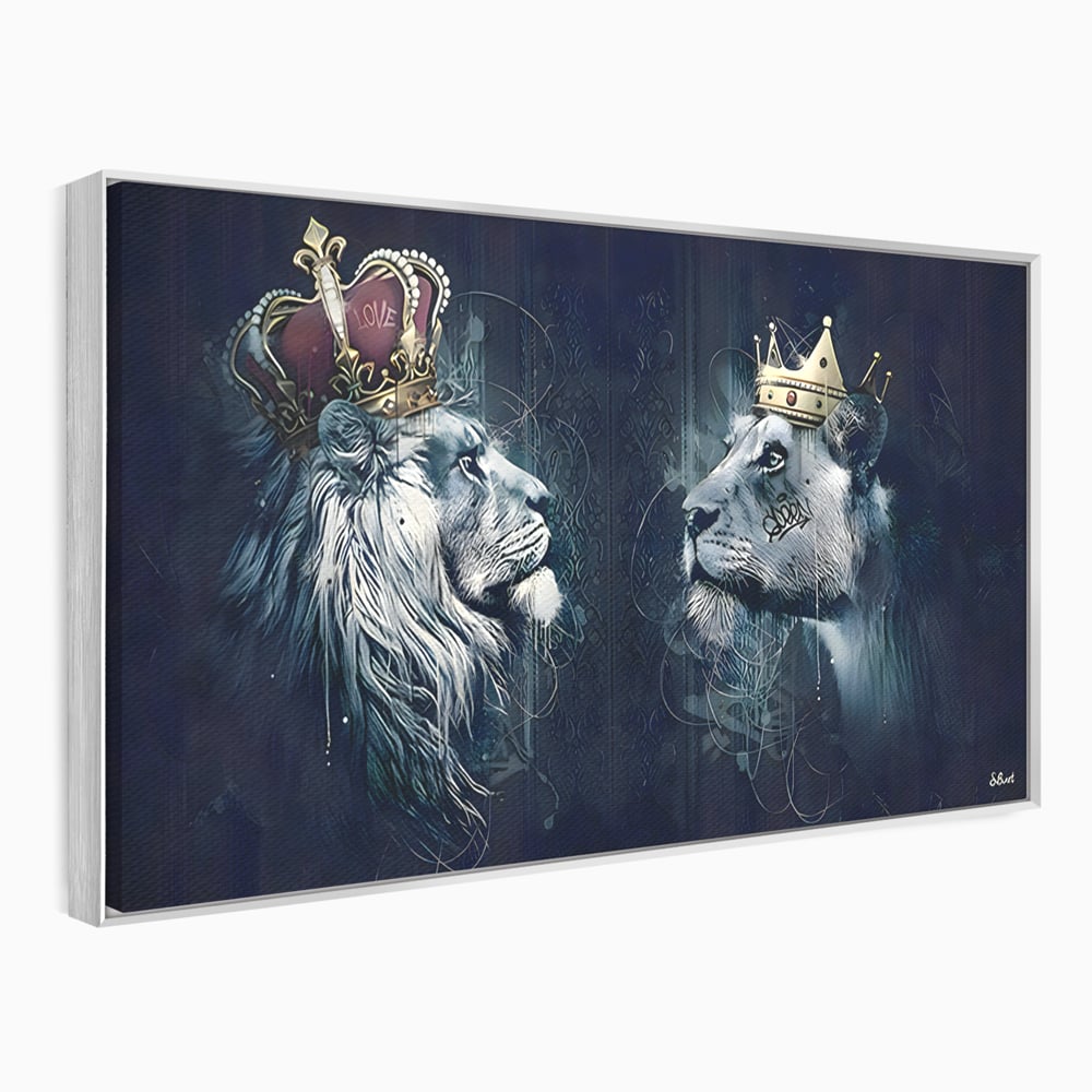 Tablou Canvas Premium LuxCanva® B1091, Leu Si Leoaica , Living, Familie, Portret, Leu, Leoaica, Dormitor, Safari, Coroana, Negru Si Auriu