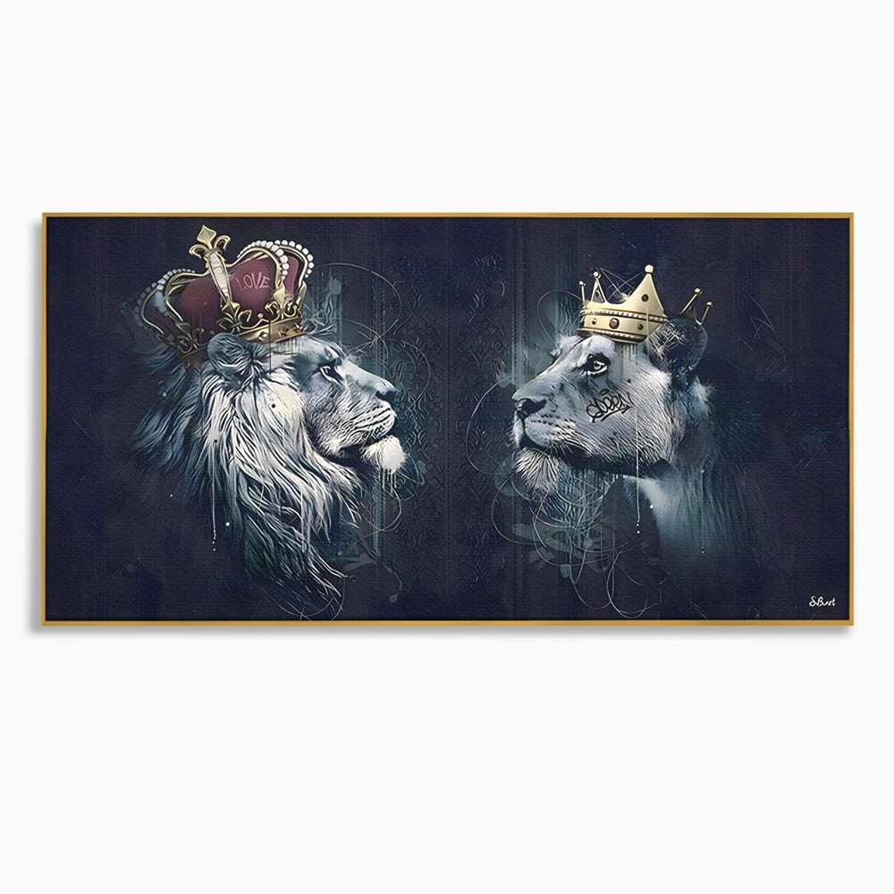 Tablou Canvas Premium LuxCanva® B1091, Leu Si Leoaica , Living, Familie, Portret, Leu, Leoaica, Dormitor, Safari, Coroana, Negru Si Auriu