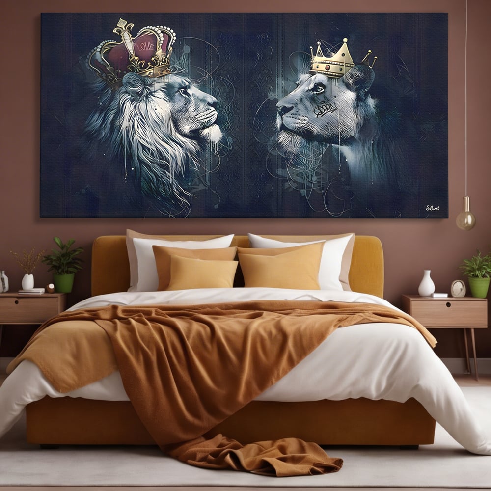 Tablou Canvas Premium LuxCanva® B1091, Leu Si Leoaica , Living, Familie, Portret, Leu, Leoaica, Dormitor, Safari, Coroana, Negru Si Auriu