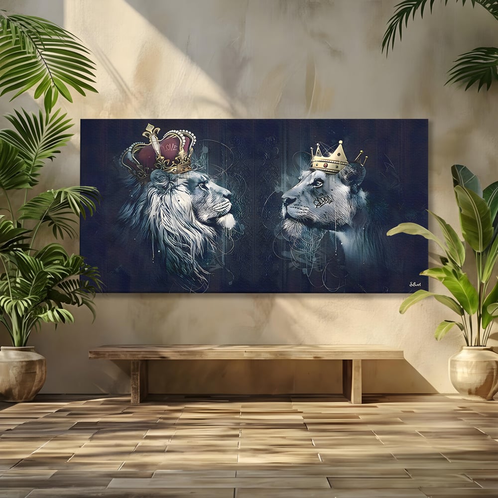 Tablou Canvas Premium LuxCanva® B1091, Leu Si Leoaica , Living, Familie, Portret, Leu, Leoaica, Dormitor, Safari, Coroana, Negru Si Auriu