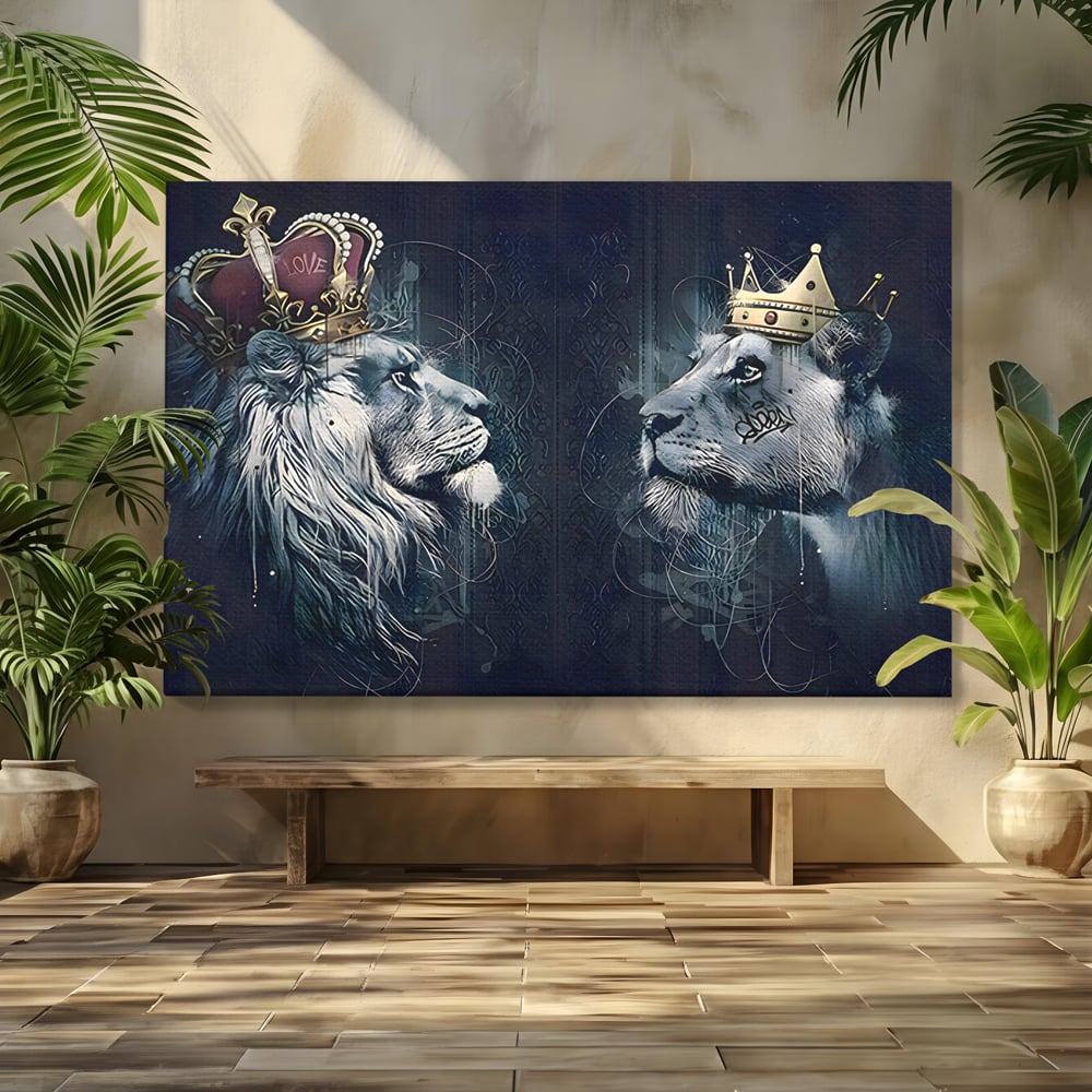 Tablou Canvas Premium LuxCanva® B1091, Leu Si Leoaica , Living, Familie, Portret, Leu, Leoaica, Dormitor, Safari, Coroana, Negru Si Auriu