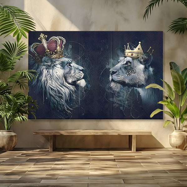 Tablou Canvas Premium LuxCanva® B1091, Leu Si Leoaica , Living, Familie, Portret, Leu, Leoaica, Dormitor, Safari, Coroana, Negru Si Auriu
