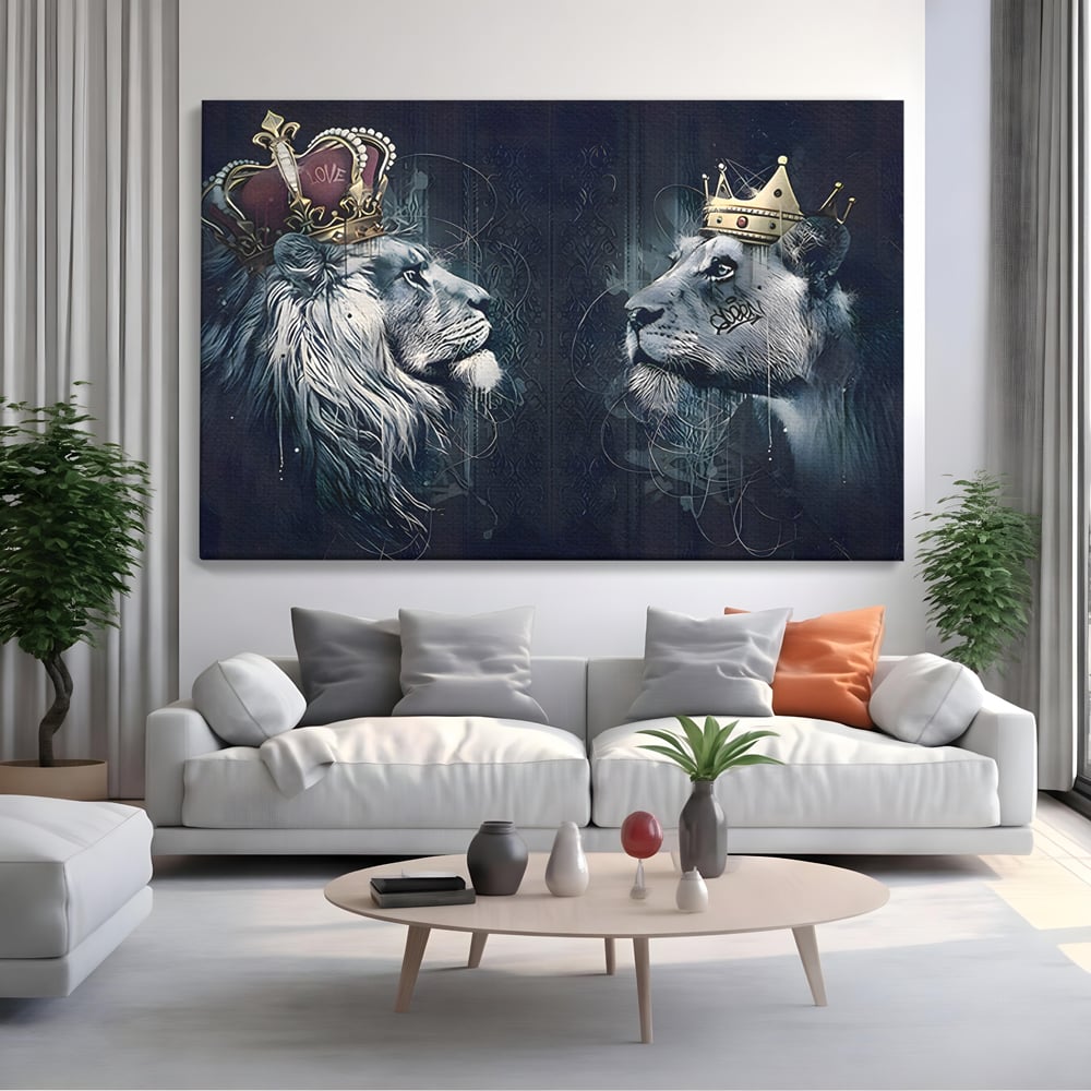 Tablou Canvas Premium LuxCanva® B1091, Leu Si Leoaica , Living, Familie, Portret, Leu, Leoaica, Dormitor, Safari, Coroana, Negru Si Auriu