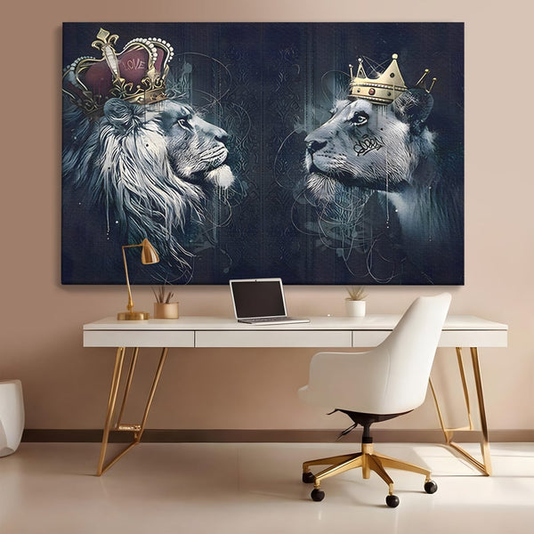 Tablou Canvas Premium LuxCanva® B1091, Leu Si Leoaica , Living, Familie, Portret, Leu, Leoaica, Dormitor, Safari, Coroana, Negru Si Auriu