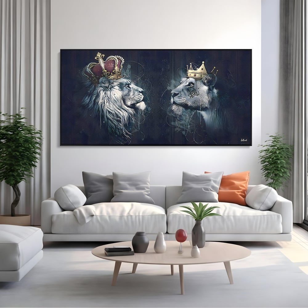 Tablou Canvas Premium LuxCanva® B1091, Leu Si Leoaica , Living, Familie, Portret, Leu, Leoaica, Dormitor, Safari, Coroana, Negru Si Auriu