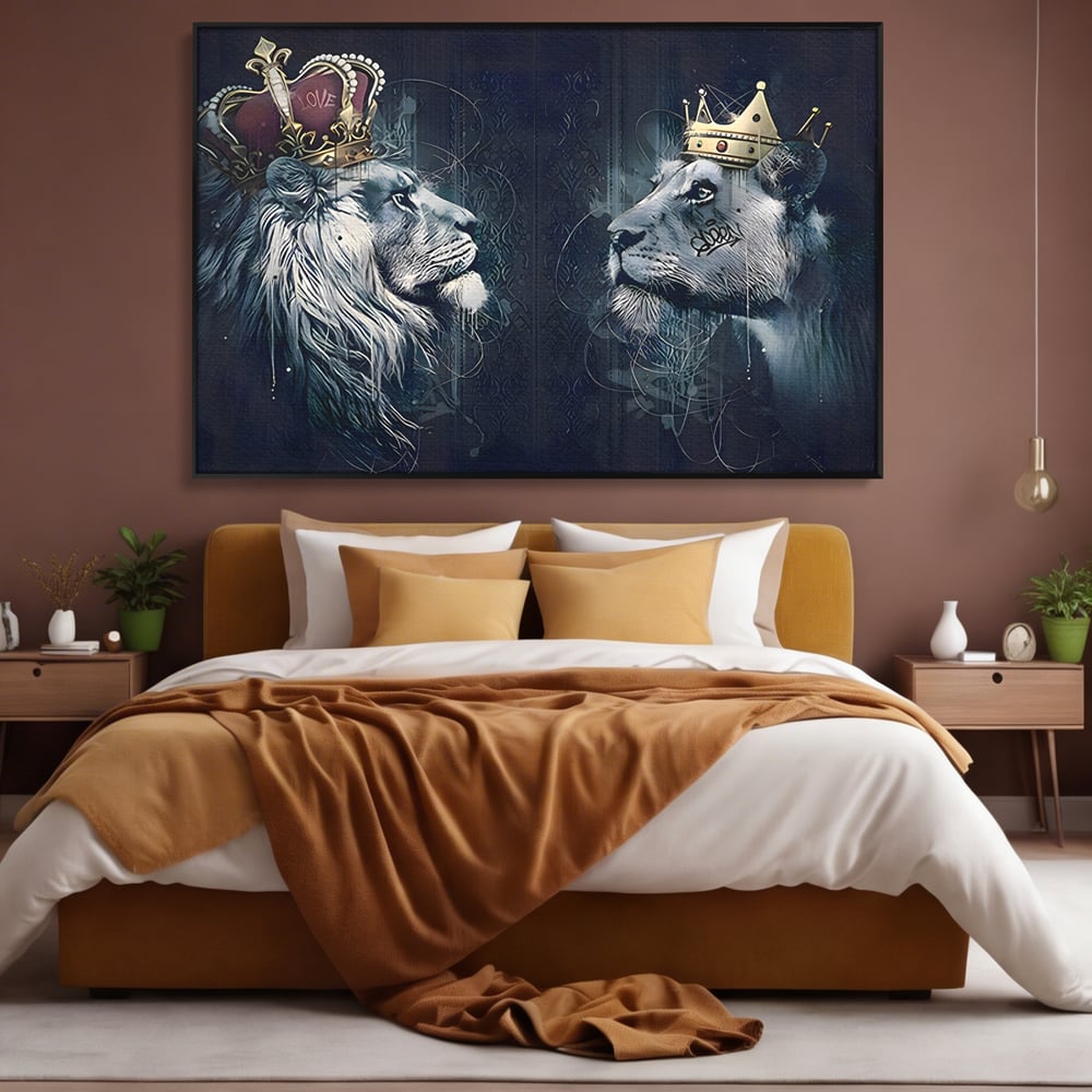 Tablou Canvas Premium LuxCanva® B1091, Leu Si Leoaica , Living, Familie, Portret, Leu, Leoaica, Dormitor, Safari, Coroana, Negru Si Auriu