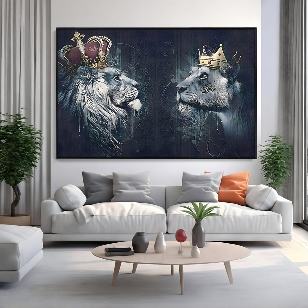 Tablou Canvas Premium LuxCanva® B1091, Leu Si Leoaica , Living, Familie, Portret, Leu, Leoaica, Dormitor, Safari, Coroana, Negru Si Auriu