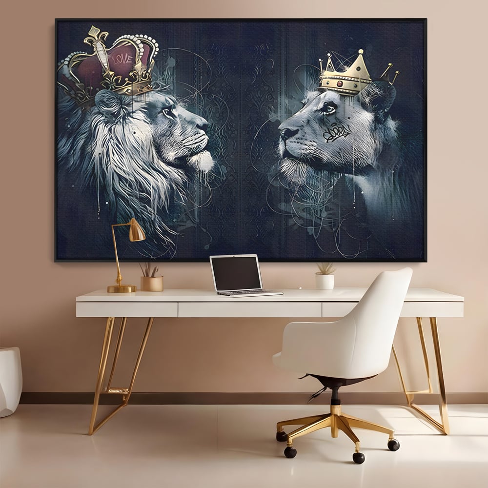 Tablou Canvas Premium LuxCanva® B1091, Leu Si Leoaica , Living, Familie, Portret, Leu, Leoaica, Dormitor, Safari, Coroana, Negru Si Auriu