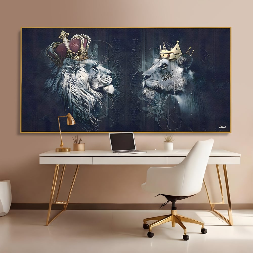 Tablou Canvas Premium LuxCanva® B1091, Leu Si Leoaica , Living, Familie, Portret, Leu, Leoaica, Dormitor, Safari, Coroana, Negru Si Auriu