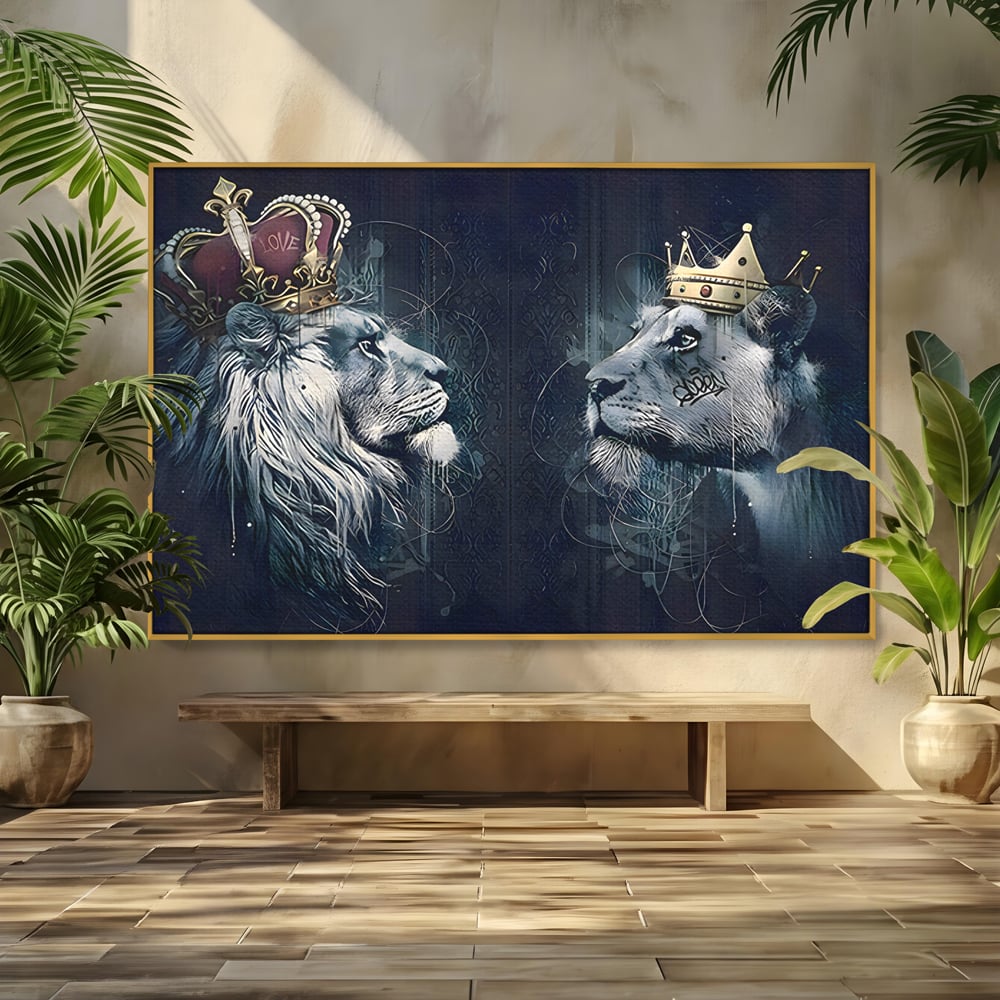 Tablou Canvas Premium LuxCanva® B1091, Leu Si Leoaica , Living, Familie, Portret, Leu, Leoaica, Dormitor, Safari, Coroana, Negru Si Auriu