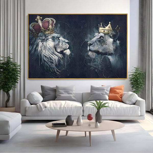 Leinwand Wandkunst Leinwand Wandkunst Premium LuxCanva® B1091, Löwe und Löwin , Wohnen, Familie, Portrait, Löwe, Löwin, Schlafzimmer, Safari, Krone, Schwarz und Gold