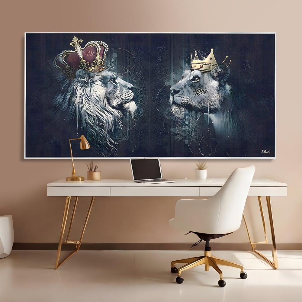 Tablou Canvas Premium LuxCanva® B1091, Leu Si Leoaica , Living, Familie, Portret, Leu, Leoaica, Dormitor, Safari, Coroana, Negru Si Auriu