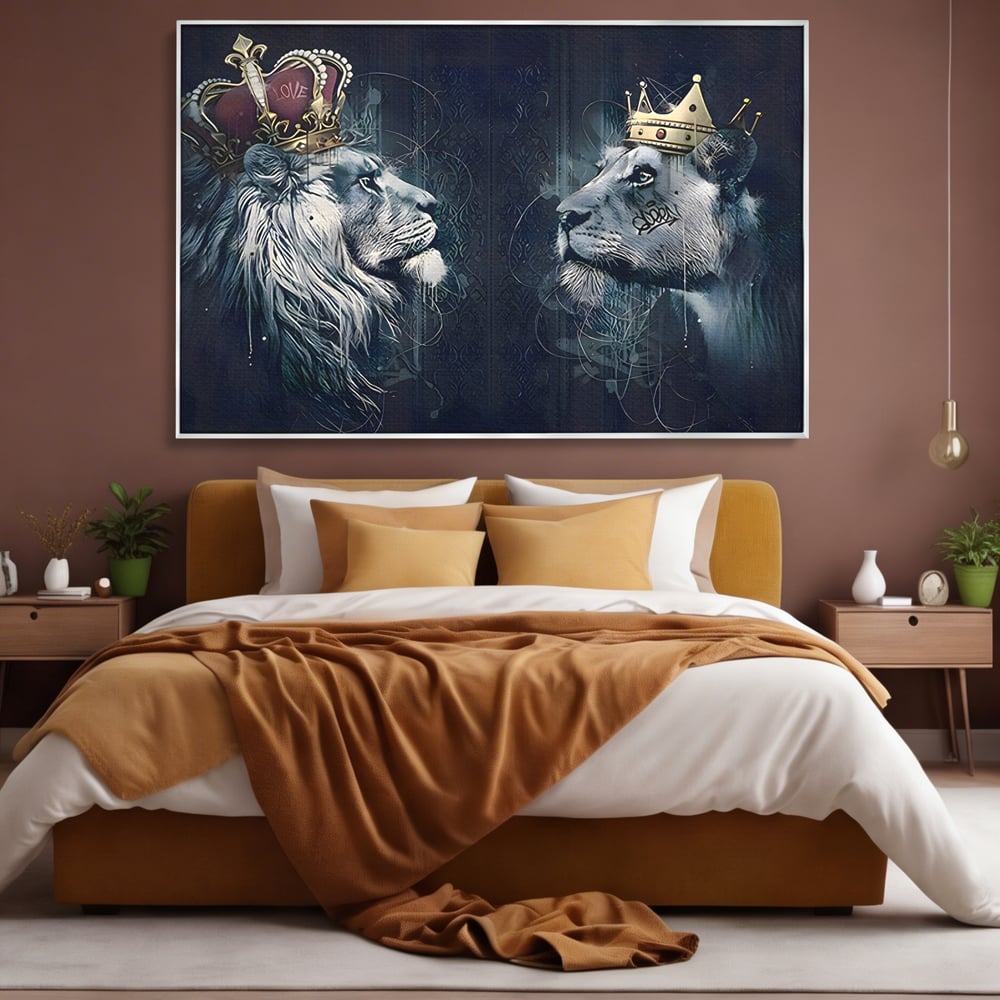 Tablou Canvas Premium LuxCanva® B1091, Leu Si Leoaica , Living, Familie, Portret, Leu, Leoaica, Dormitor, Safari, Coroana, Negru Si Auriu