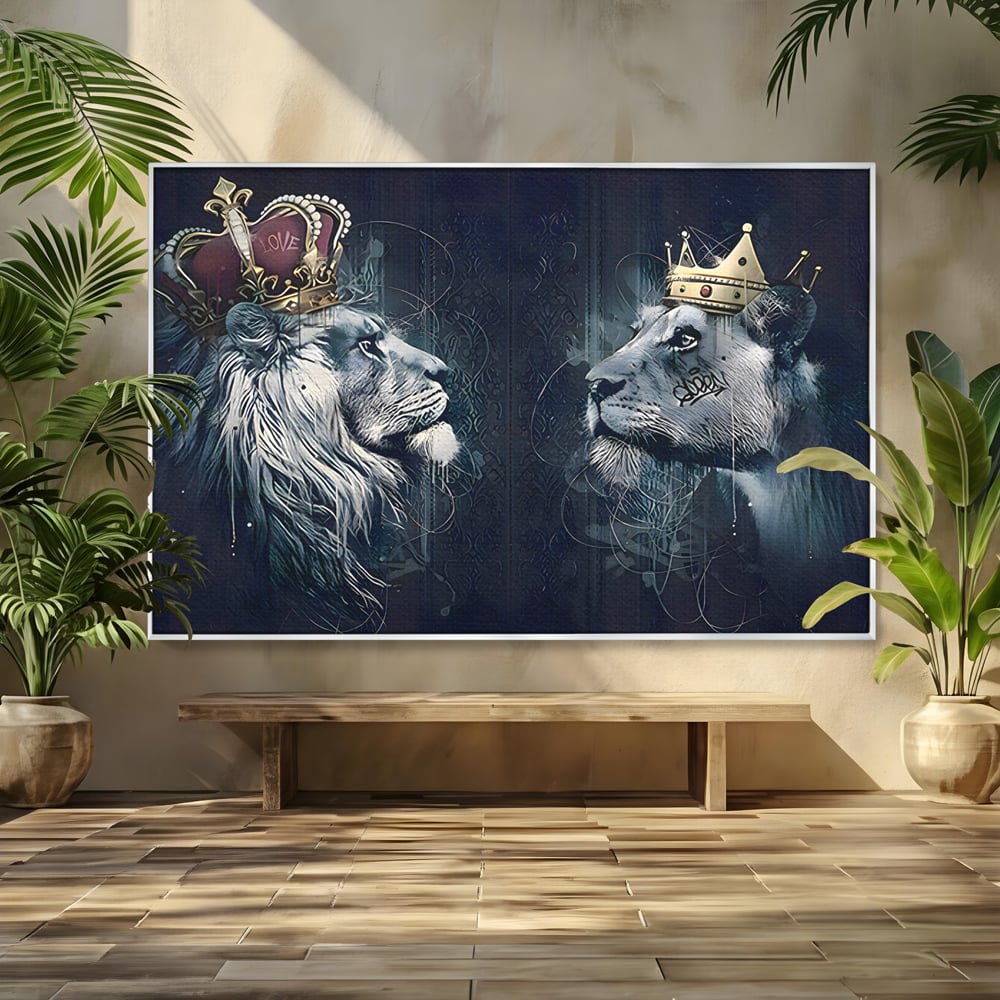 Tablou Canvas Premium LuxCanva® B1091, Leu Si Leoaica , Living, Familie, Portret, Leu, Leoaica, Dormitor, Safari, Coroana, Negru Si Auriu