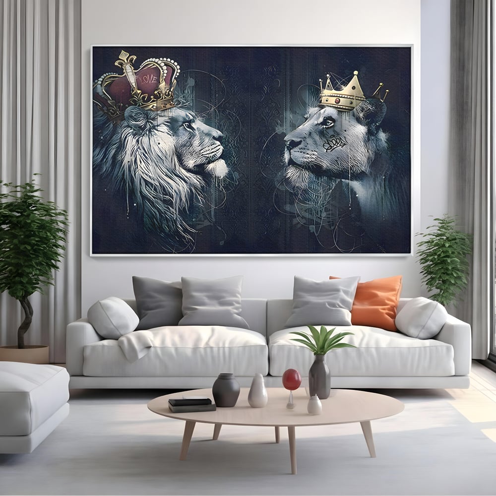 Tablou Canvas Premium LuxCanva® B1091, Leu Si Leoaica , Living, Familie, Portret, Leu, Leoaica, Dormitor, Safari, Coroana, Negru Si Auriu
