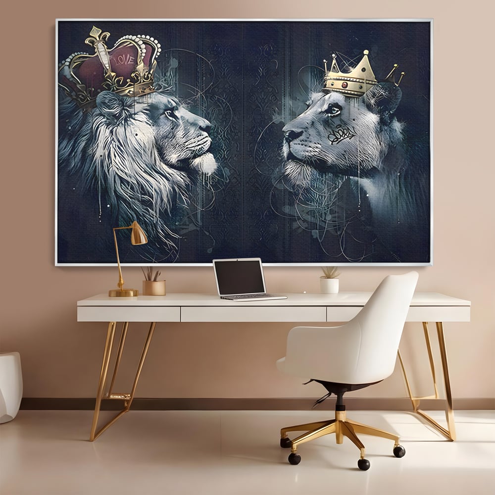 Tablou Canvas Premium LuxCanva® B1091, Leu Si Leoaica , Living, Familie, Portret, Leu, Leoaica, Dormitor, Safari, Coroana, Negru Si Auriu