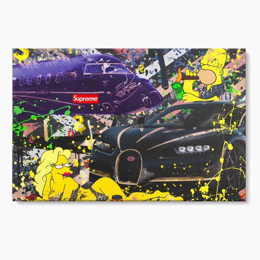 Tablou Canvas Premium LuxCanva® B1094, Homer Simpson , Living, Serial, Comedie, Familie, Avion, Masina De Lux, Culori Vibrante