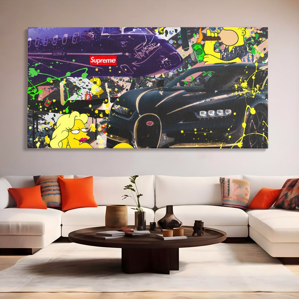 Tablou Canvas Premium LuxCanva® B1094, Homer Simpson , Living, Serial, Comedie, Familie, Avion, Masina De Lux, Culori Vibrante