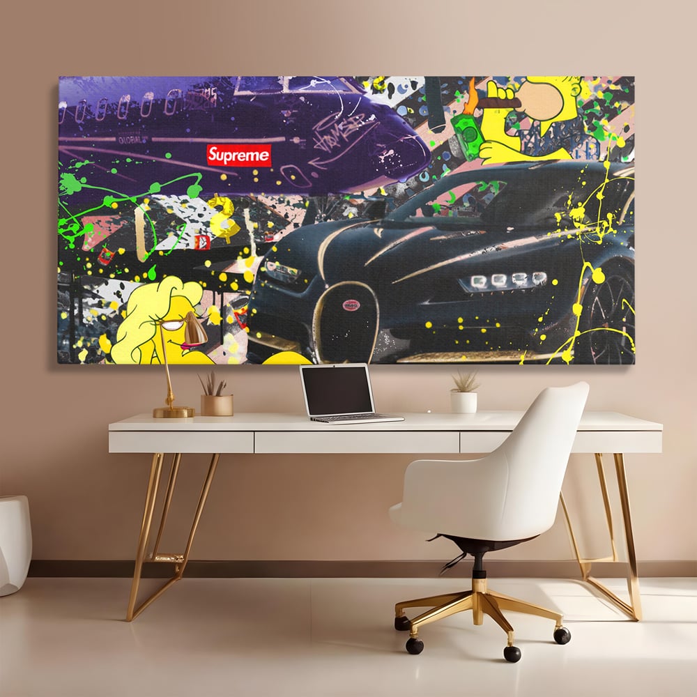 Tablou Canvas Premium LuxCanva® B1094, Homer Simpson , Living, Serial, Comedie, Familie, Avion, Masina De Lux, Culori Vibrante