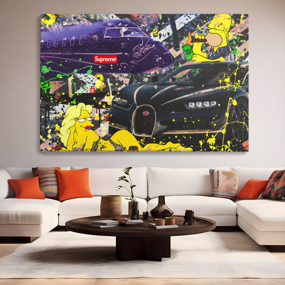 Tablou Canvas Premium LuxCanva® B1094, Homer Simpson , Living, Serial, Comedie, Familie, Avion, Masina De Lux, Culori Vibrante