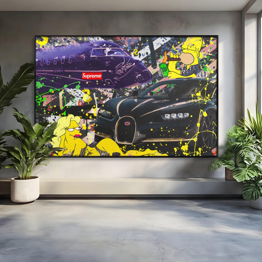 Tablou Canvas Premium LuxCanva® B1094, Homer Simpson , Living, Serial, Comedie, Familie, Avion, Masina De Lux, Culori Vibrante