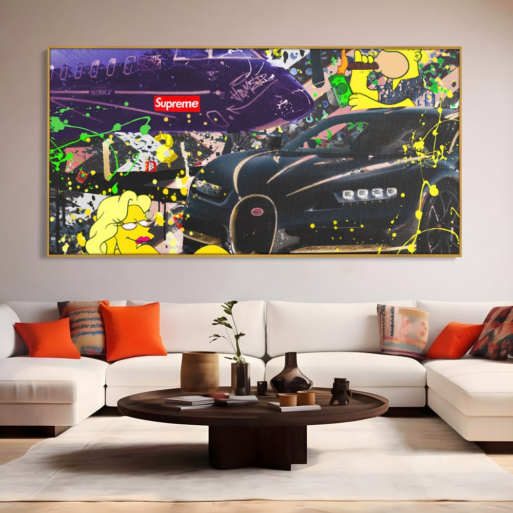 Tablou Canvas Premium LuxCanva® B1094, Homer Simpson , Living, Serial, Comedie, Familie, Avion, Masina De Lux, Culori Vibrante