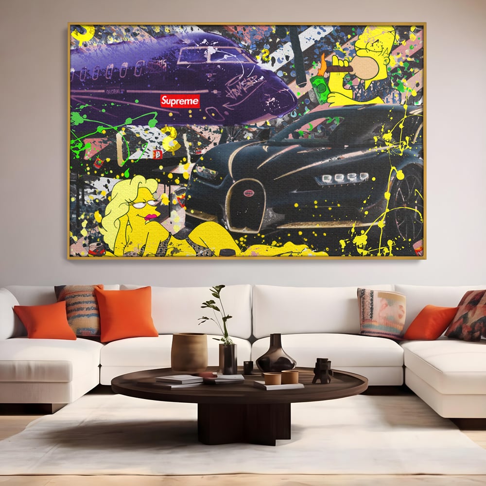 Tablou Canvas Premium LuxCanva® B1094, Homer Simpson , Living, Serial, Comedie, Familie, Avion, Masina De Lux, Culori Vibrante