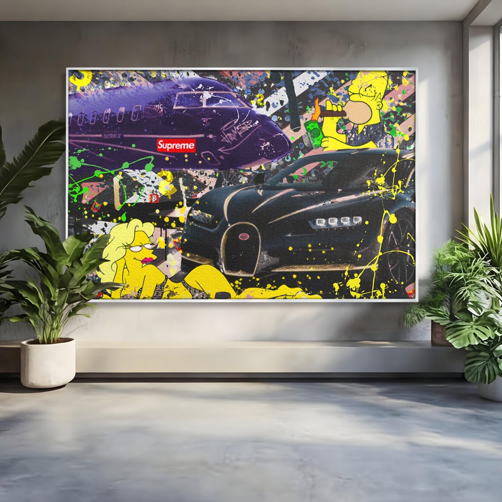 Tablou Canvas Premium LuxCanva® B1094, Homer Simpson , Living, Serial, Comedie, Familie, Avion, Masina De Lux, Culori Vibrante