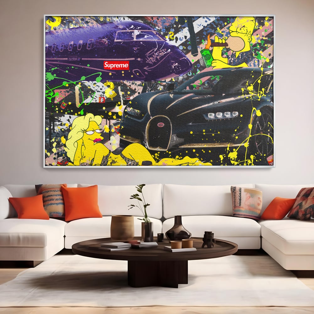 Tablou Canvas Premium LuxCanva® B1094, Homer Simpson , Living, Serial, Comedie, Familie, Avion, Masina De Lux, Culori Vibrante