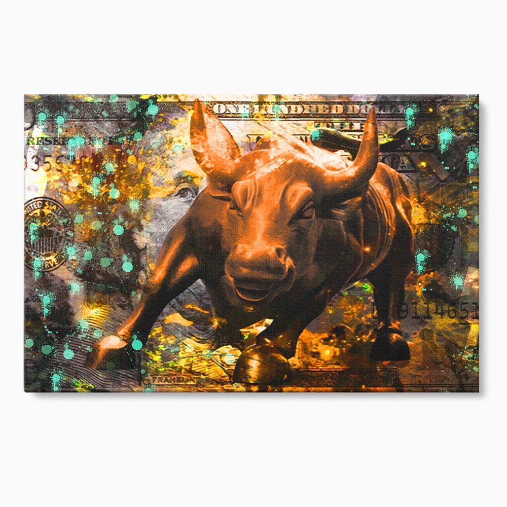 Tablou Canvas Premium LuxCanva® B1096, Dollar Bull , Birou, Taur, Bancnota, Dolar, Bar, Culori Vibrante