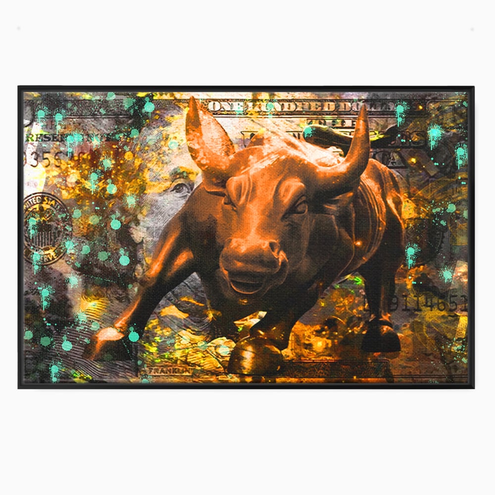 Tablou Canvas Premium LuxCanva® B1096, Dollar Bull , Birou, Taur, Bancnota, Dolar, Bar, Culori Vibrante