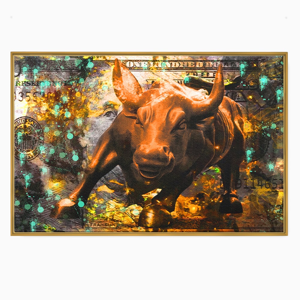 Tablou Canvas Premium LuxCanva® B1096, Dollar Bull , Birou, Taur, Bancnota, Dolar, Bar, Culori Vibrante