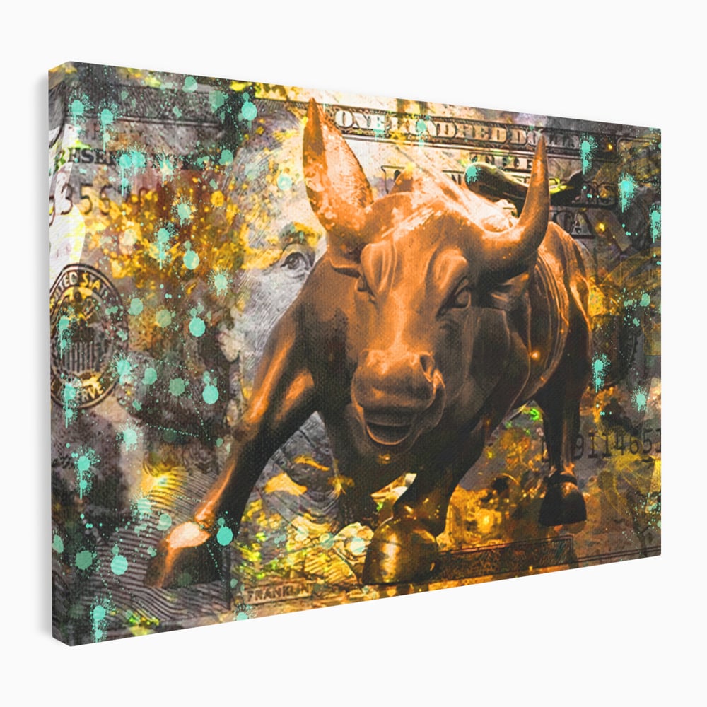 Tablou Canvas Premium LuxCanva® B1096, Dollar Bull , Birou, Taur, Bancnota, Dolar, Bar, Culori Vibrante