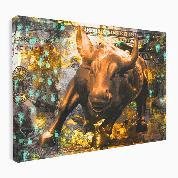 Tablou Canvas Premium LuxCanva® B1096, Dollar Bull , Birou, Taur, Bancnota, Dolar, Bar, Culori Vibrante