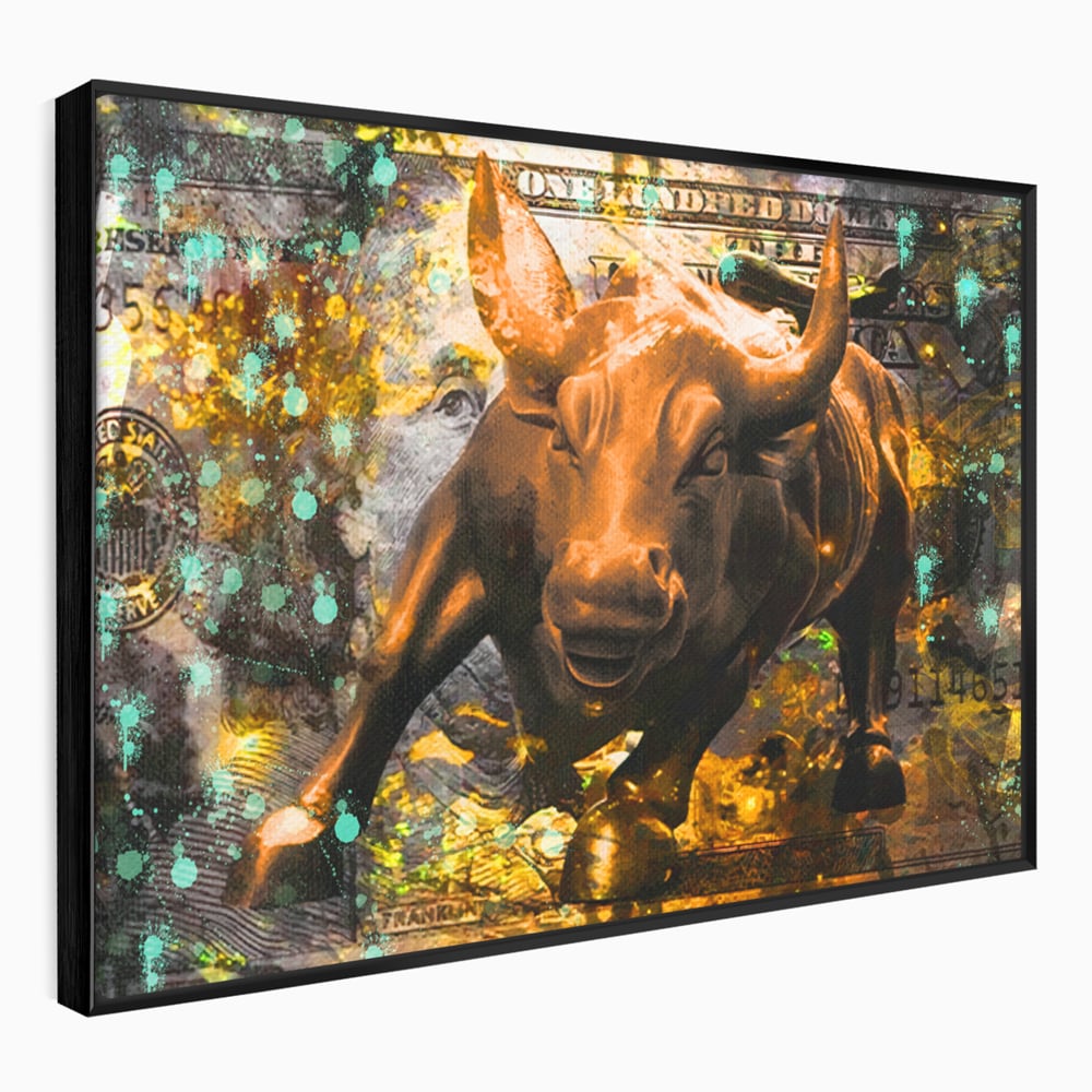 Tablou Canvas Premium LuxCanva® B1096, Dollar Bull , Birou, Taur, Bancnota, Dolar, Bar, Culori Vibrante