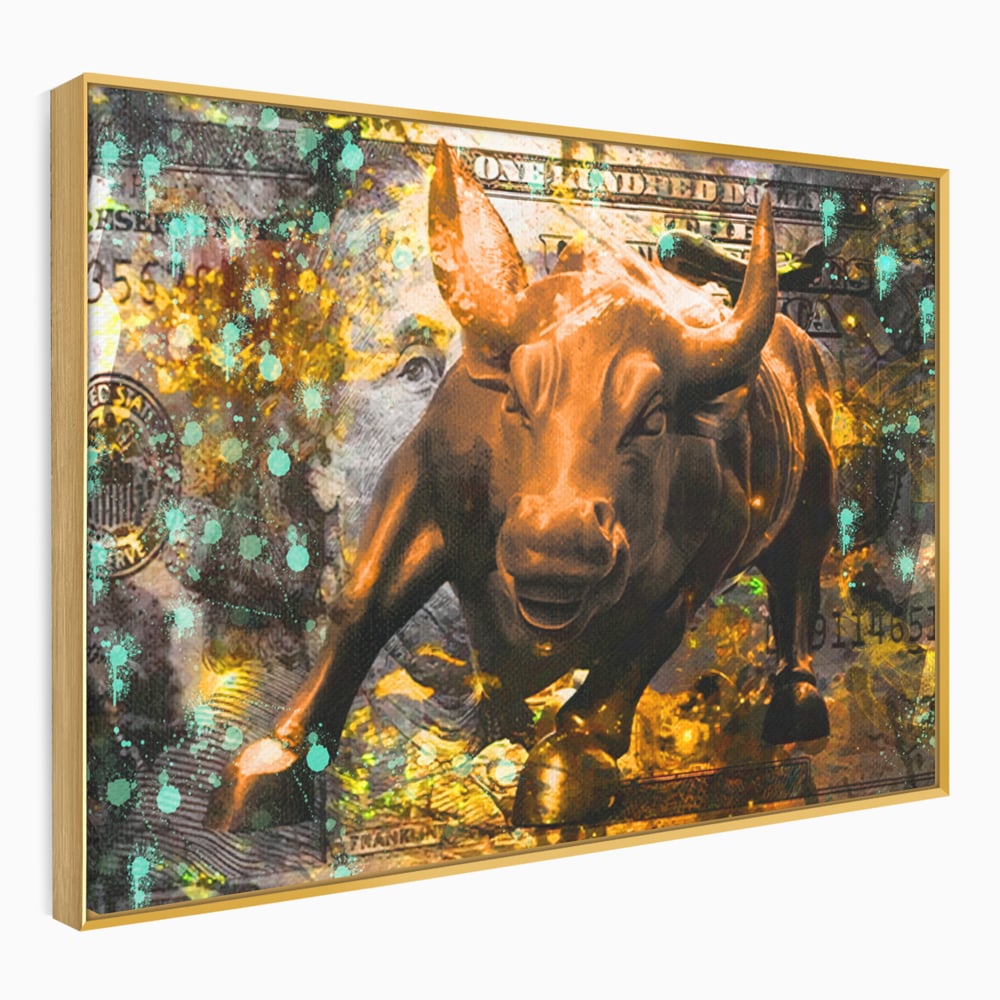 Tablou Canvas Premium LuxCanva® B1096, Dollar Bull , Birou, Taur, Bancnota, Dolar, Bar, Culori Vibrante