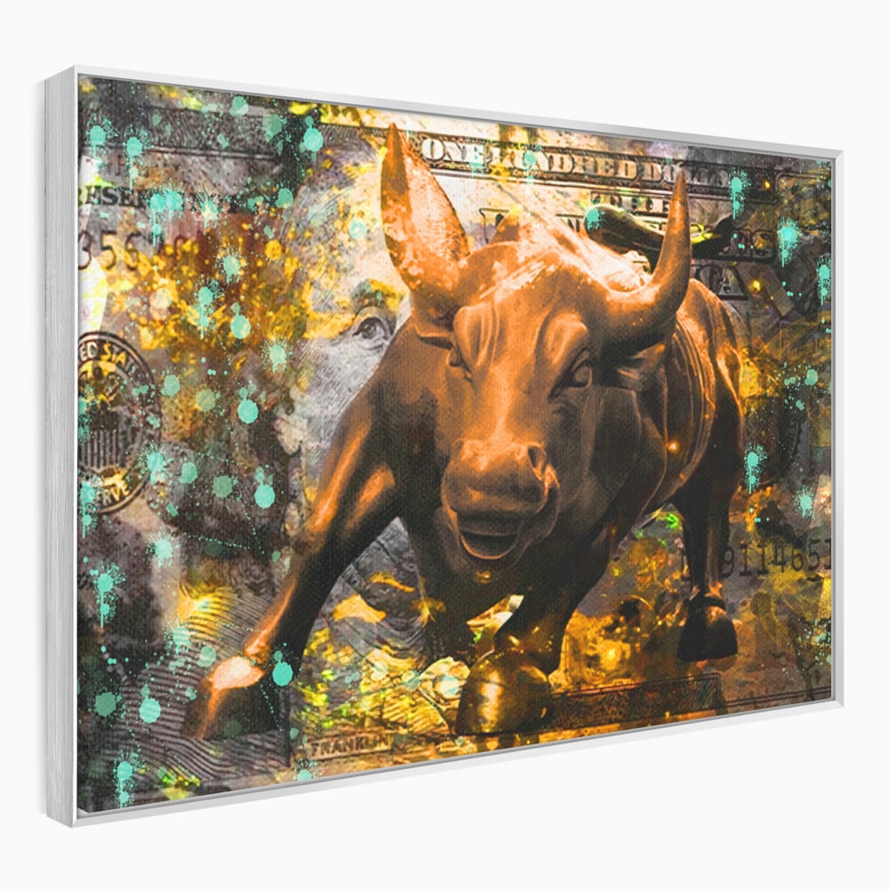 Tablou Canvas Premium LuxCanva® B1096, Dollar Bull , Birou, Taur, Bancnota, Dolar, Bar, Culori Vibrante