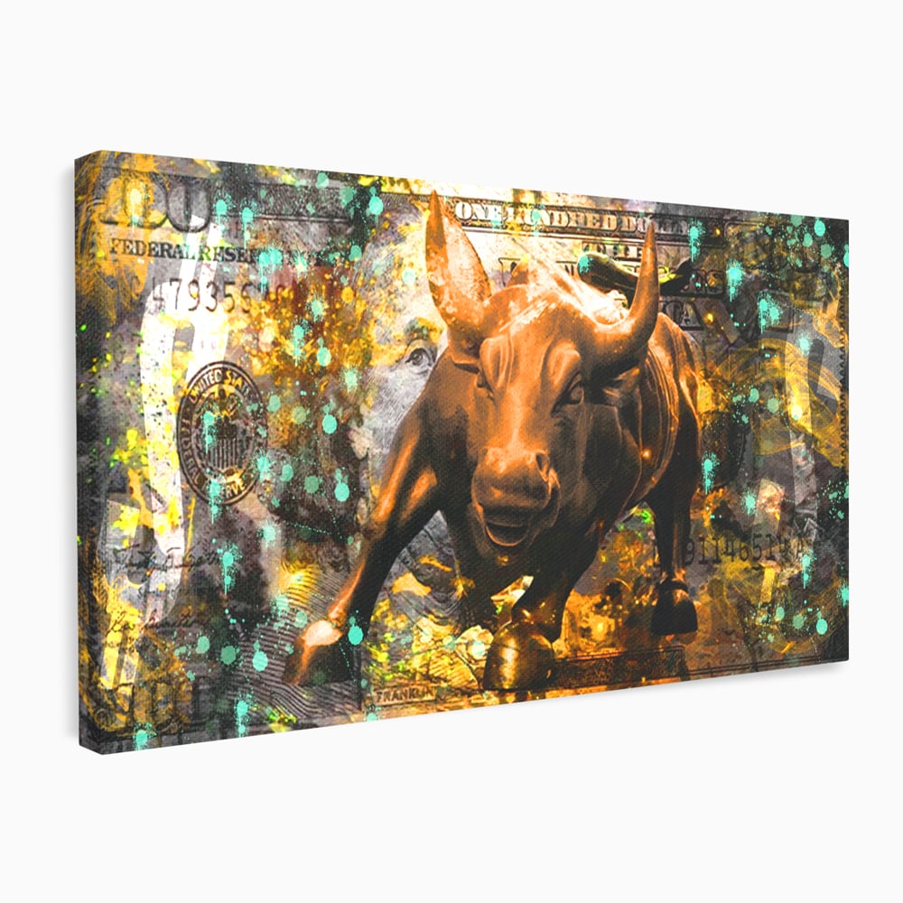 Tablou Canvas Premium LuxCanva® B1096, Dollar Bull , Birou, Taur, Bancnota, Dolar, Bar, Culori Vibrante