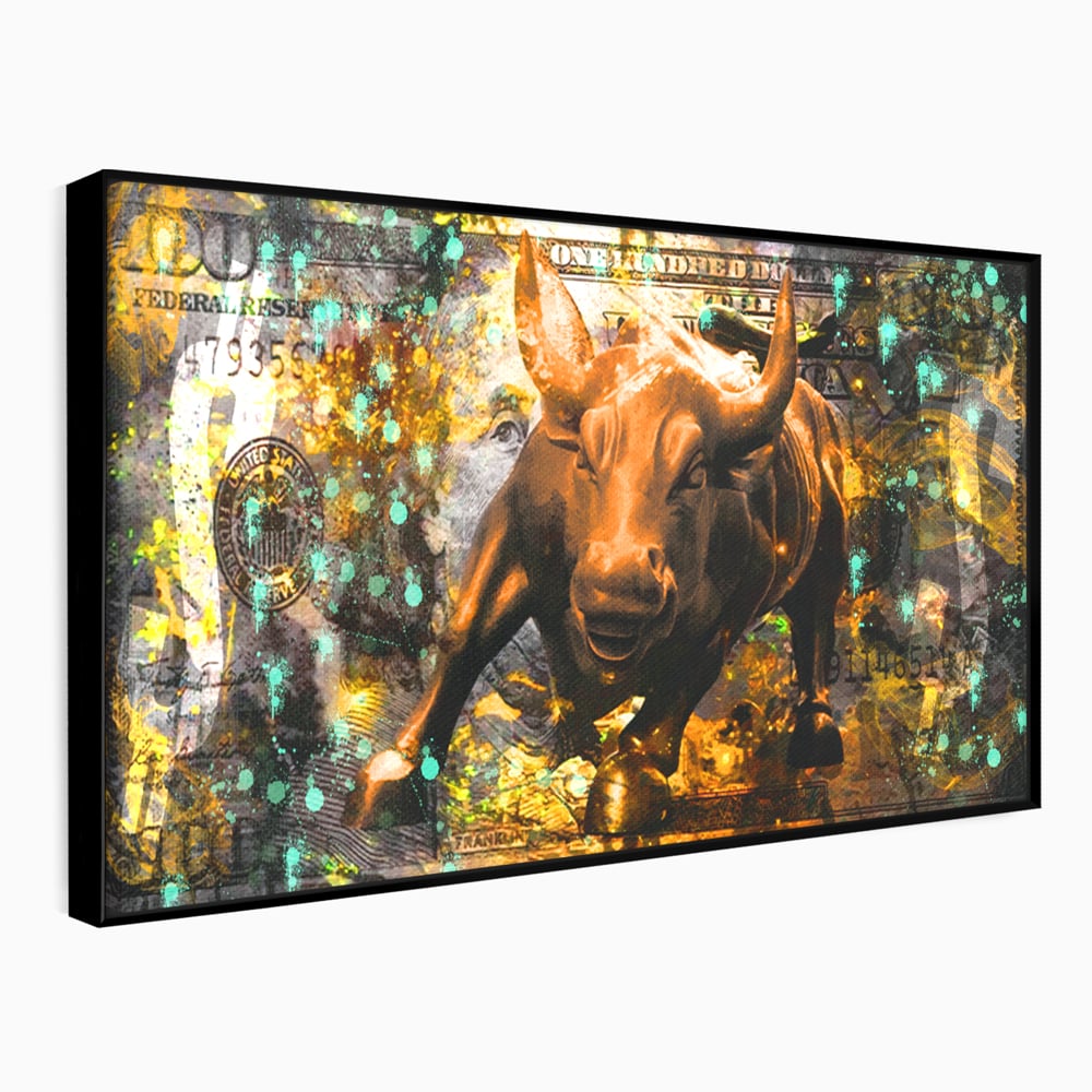 Tablou Canvas Premium LuxCanva® B1096, Dollar Bull , Birou, Taur, Bancnota, Dolar, Bar, Culori Vibrante