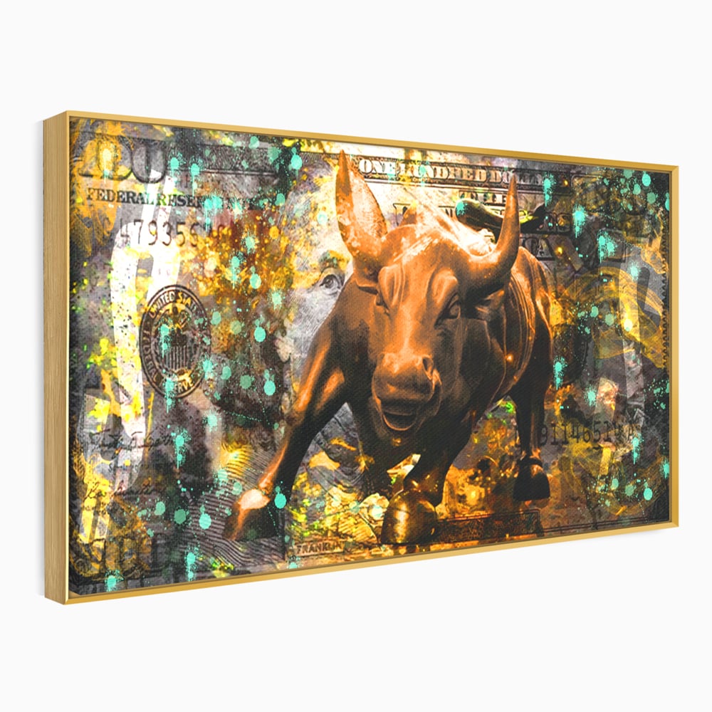 Tablou Canvas Premium LuxCanva® B1096, Dollar Bull , Birou, Taur, Bancnota, Dolar, Bar, Culori Vibrante