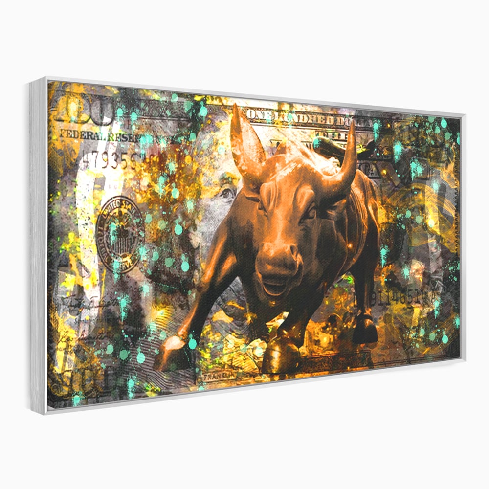 Tablou Canvas Premium LuxCanva® B1096, Dollar Bull , Birou, Taur, Bancnota, Dolar, Bar, Culori Vibrante