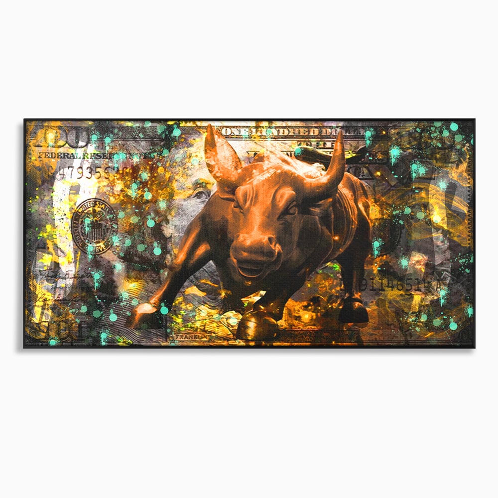 Tablou Canvas Premium LuxCanva® B1096, Dollar Bull , Birou, Taur, Bancnota, Dolar, Bar, Culori Vibrante