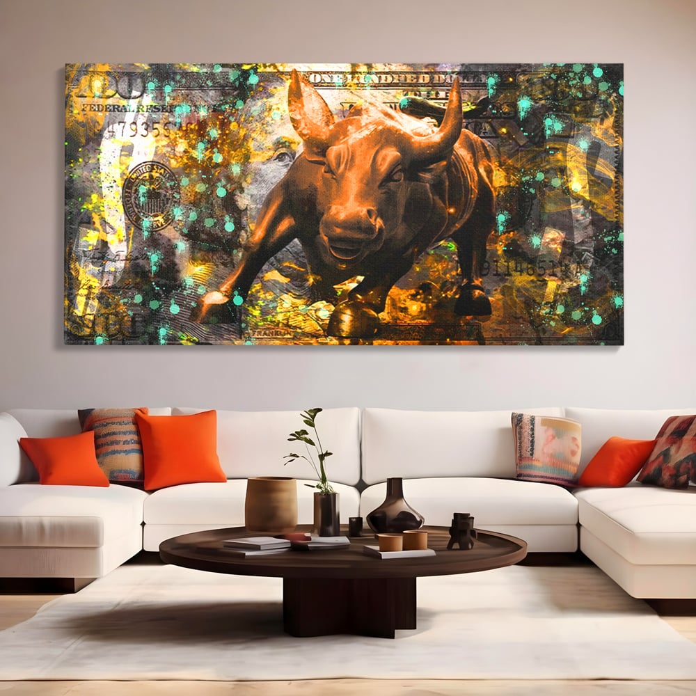 Tablou Canvas Premium LuxCanva® B1096, Dollar Bull , Birou, Taur, Bancnota, Dolar, Bar, Culori Vibrante
