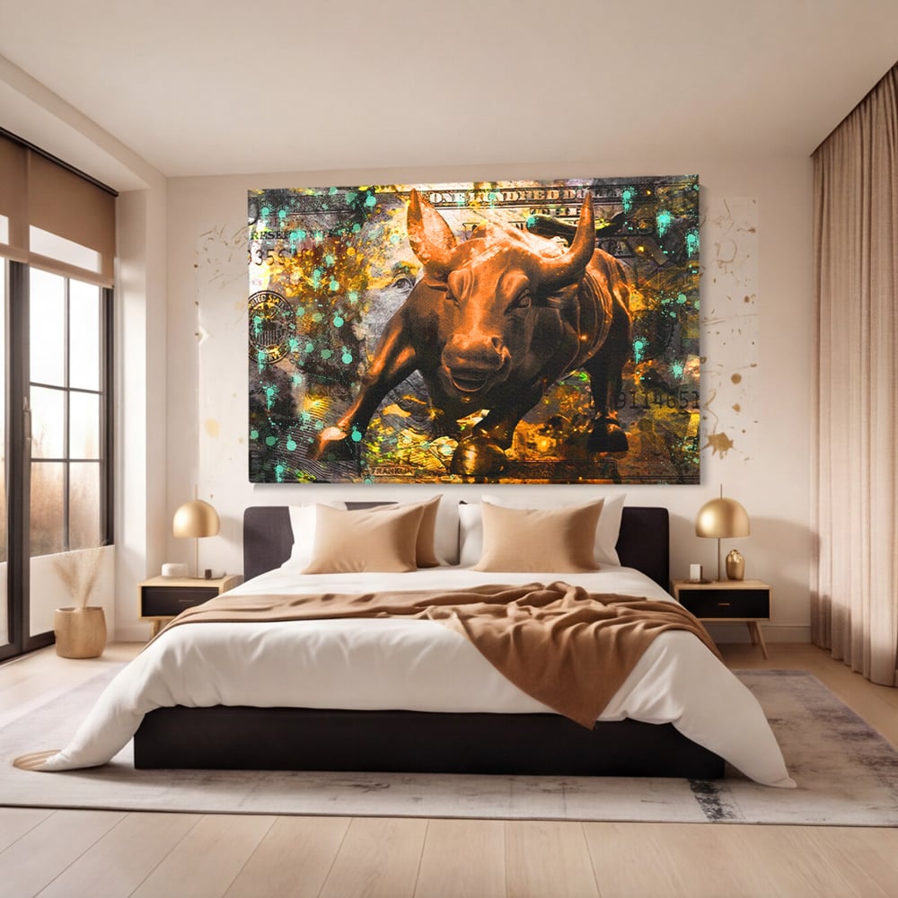 Tablou Canvas Premium LuxCanva® B1096, Dollar Bull , Birou, Taur, Bancnota, Dolar, Bar, Culori Vibrante