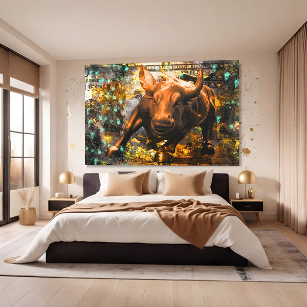 Tablou Canvas Premium LuxCanva® B1096, Dollar Bull , Birou, Taur, Bancnota, Dolar, Bar, Culori Vibrante