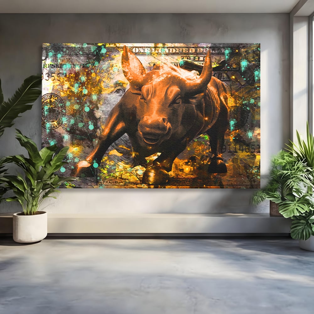 Tablou Canvas Premium LuxCanva® B1096, Dollar Bull , Birou, Taur, Bancnota, Dolar, Bar, Culori Vibrante