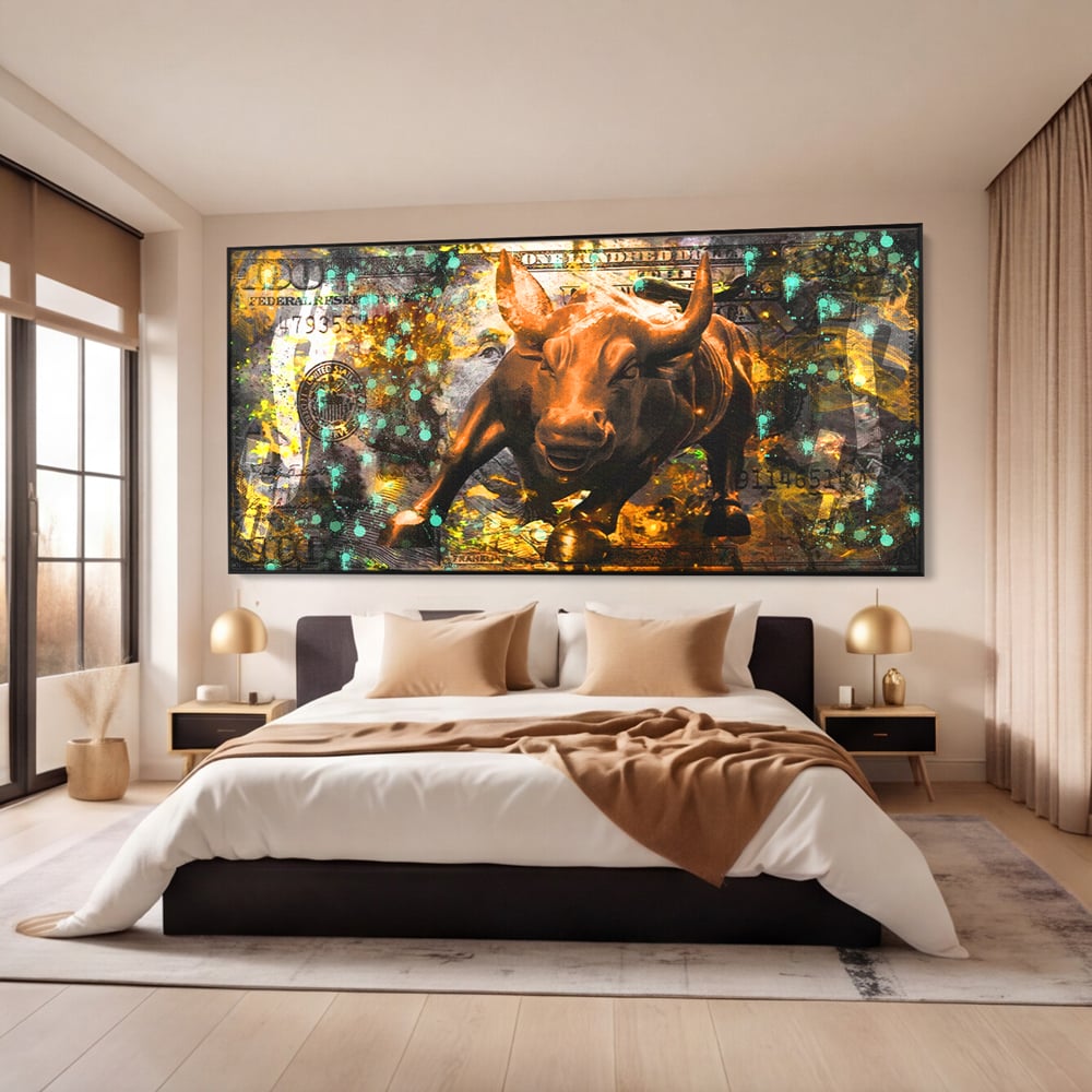 Tablou Canvas Premium LuxCanva® B1096, Dollar Bull , Birou, Taur, Bancnota, Dolar, Bar, Culori Vibrante