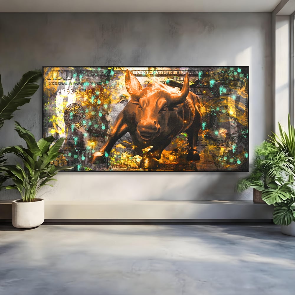 Tablou Canvas Premium LuxCanva® B1096, Dollar Bull , Birou, Taur, Bancnota, Dolar, Bar, Culori Vibrante