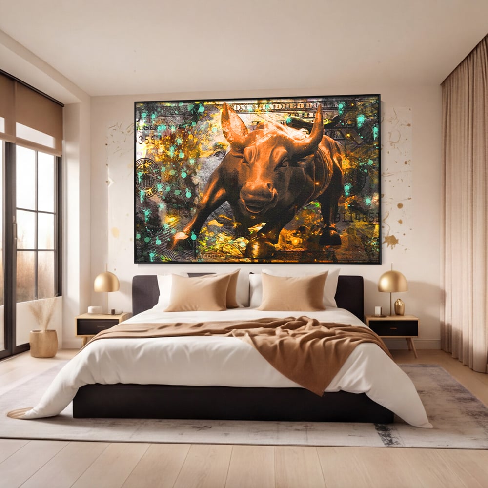 Tablou Canvas Premium LuxCanva® B1096, Dollar Bull , Birou, Taur, Bancnota, Dolar, Bar, Culori Vibrante